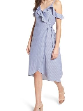 bp Blue and White Striped Cold-Shoulder Wrap Midi Dress